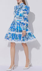 Erlene Chic Blue Floral Long Sleeve Tiered Mini Dress with Lace Trim