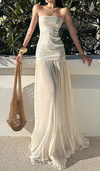 Fola Sparkling Strapless Sequin & Pleated Sheer Maxi Dress