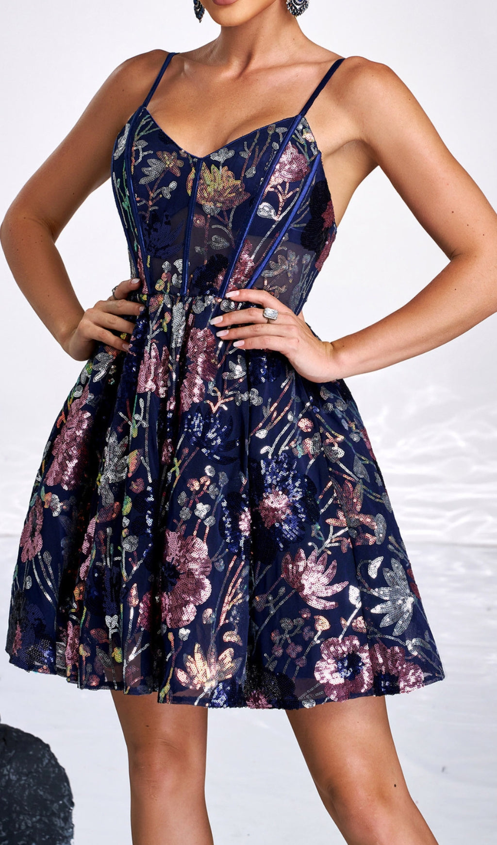 Dazzling Navy Floral Sequin Corset Mini Dress
