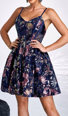 Dazzling Navy Floral Sequin Corset Mini Dress