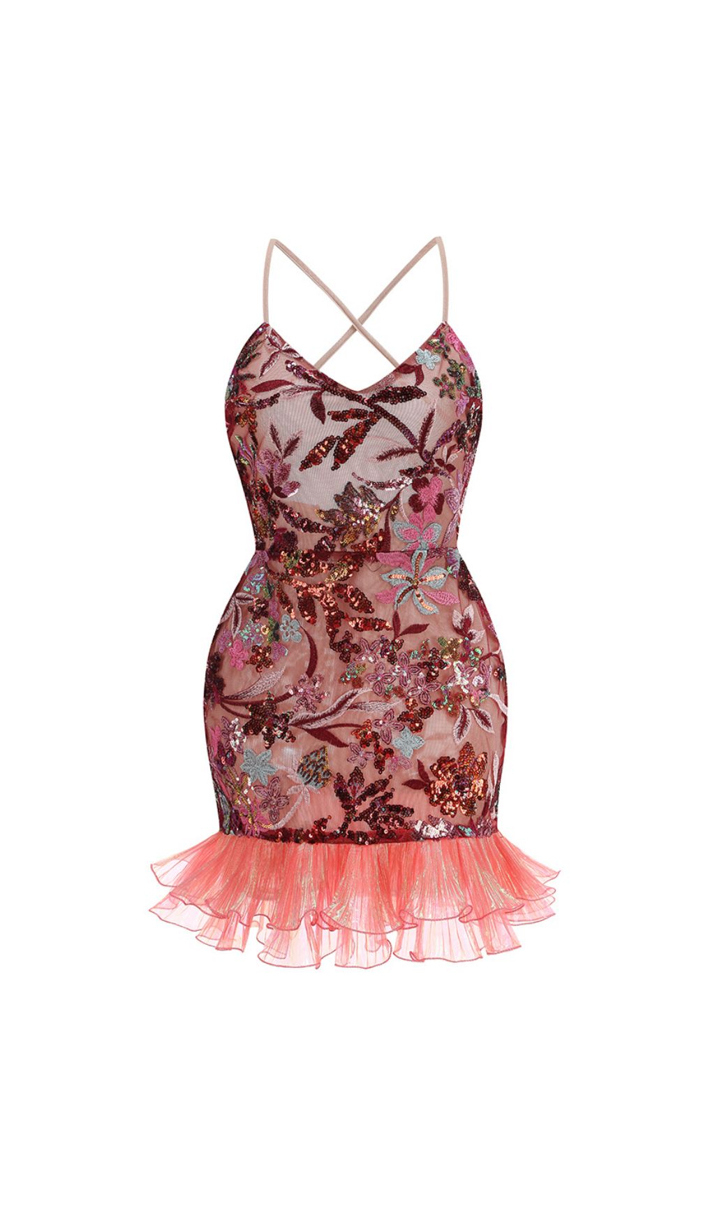 Fatin Dazzling Floral Sequin Party Mini Dress with Ruffle Hem