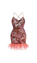 Fatin Dazzling Floral Sequin Party Mini Dress with Ruffle Hem