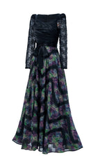Elegant Ruched Bodice Maxi Dress with Lace Sleeves & Vibrant Abstract Skirt