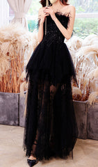 Chiyemi Luxe Black Feather & Sequin Strapless Mesh Maxi Dress