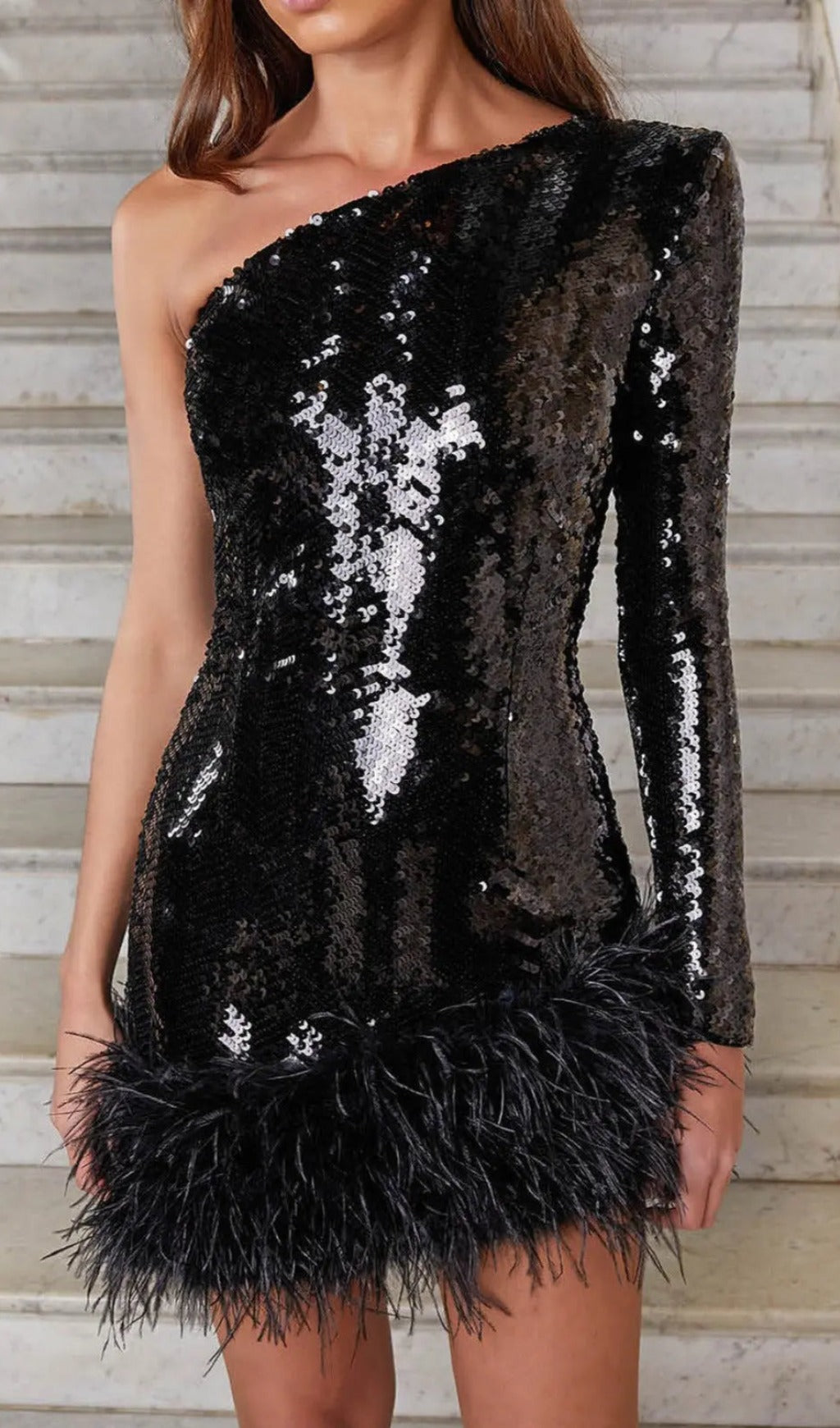 Dazzling Black Sequin One-Shoulder Feather Mini Dress