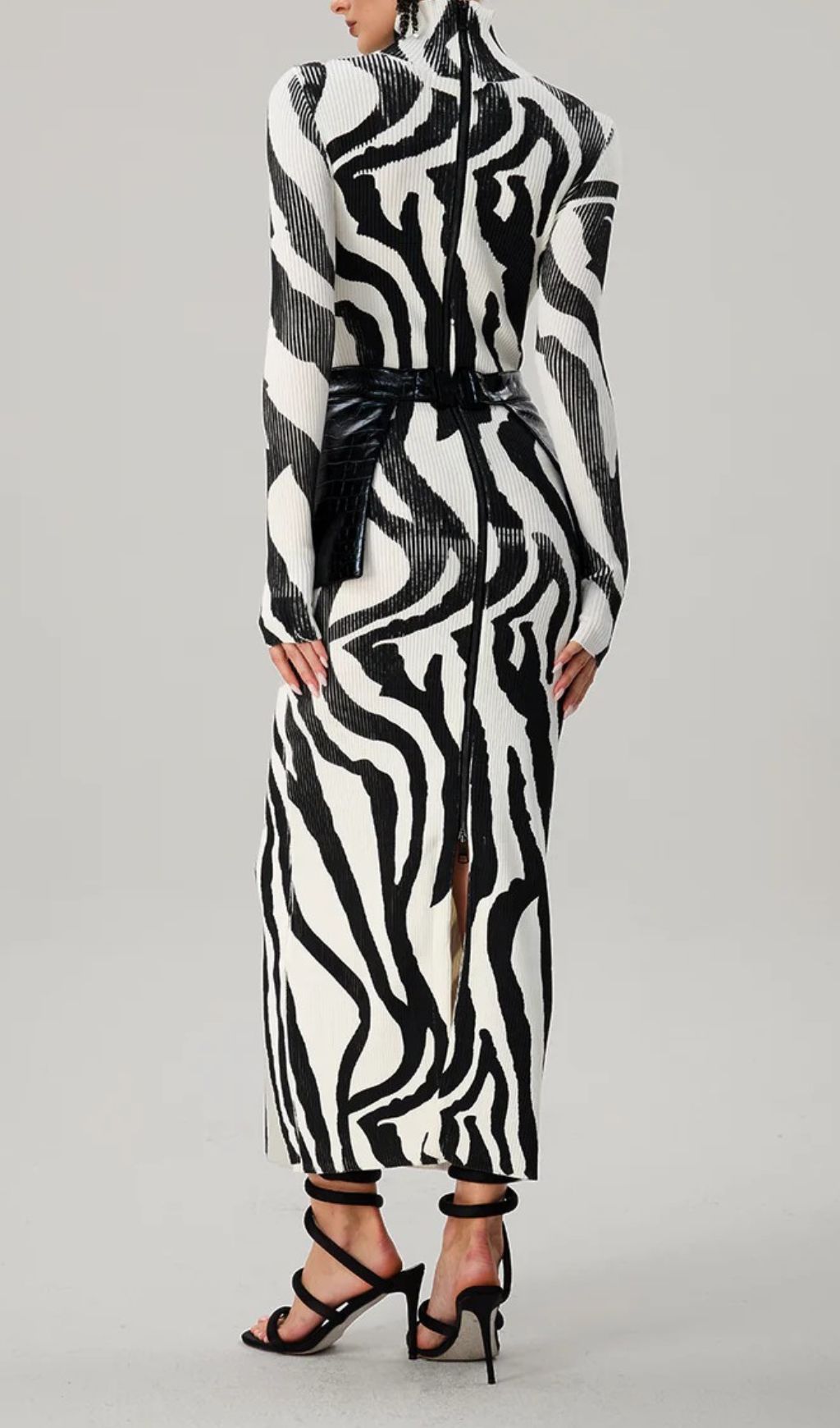Farrux Zebra Print High-Neck Bodycon Maxi Dress