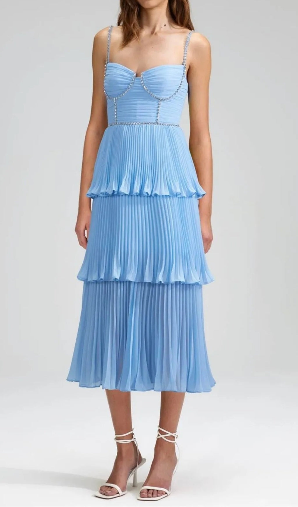 Sparkling Rhinestone Tiered Pleated Midi Dress