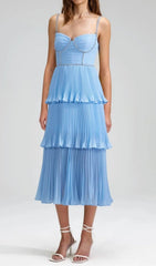 Sparkling Rhinestone Tiered Pleated Midi Dress