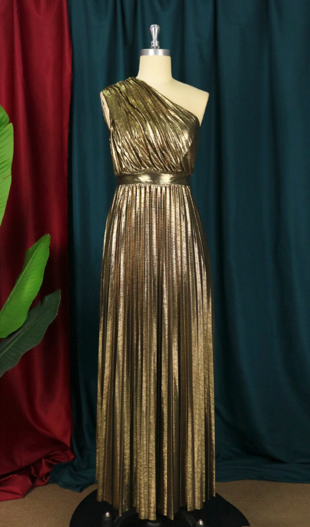 Glamorous Gold Pleated One-Shoulder Maxi Dress