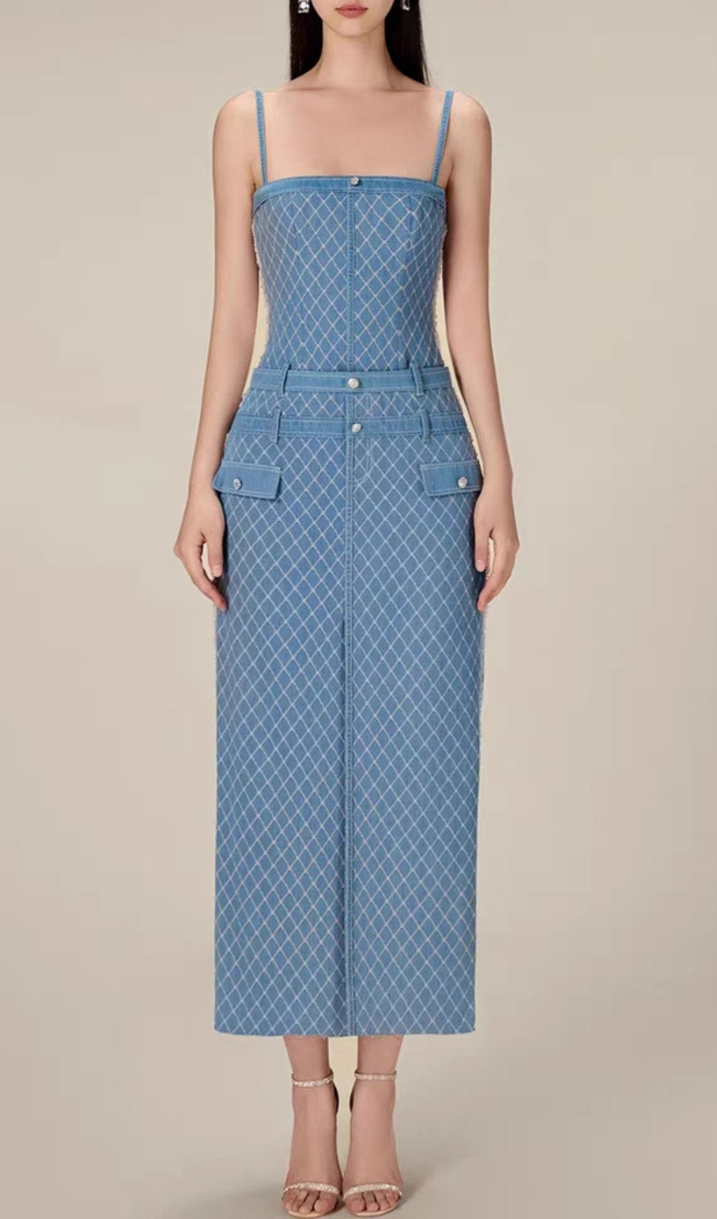 Celina Blue Quilted Denim Midi Dress