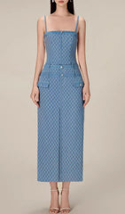 Celina Blue Quilted Denim Midi Dress