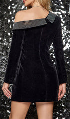 Cypriana Black Velvet Diamante Off-Shoulder Blazer Mini Dress