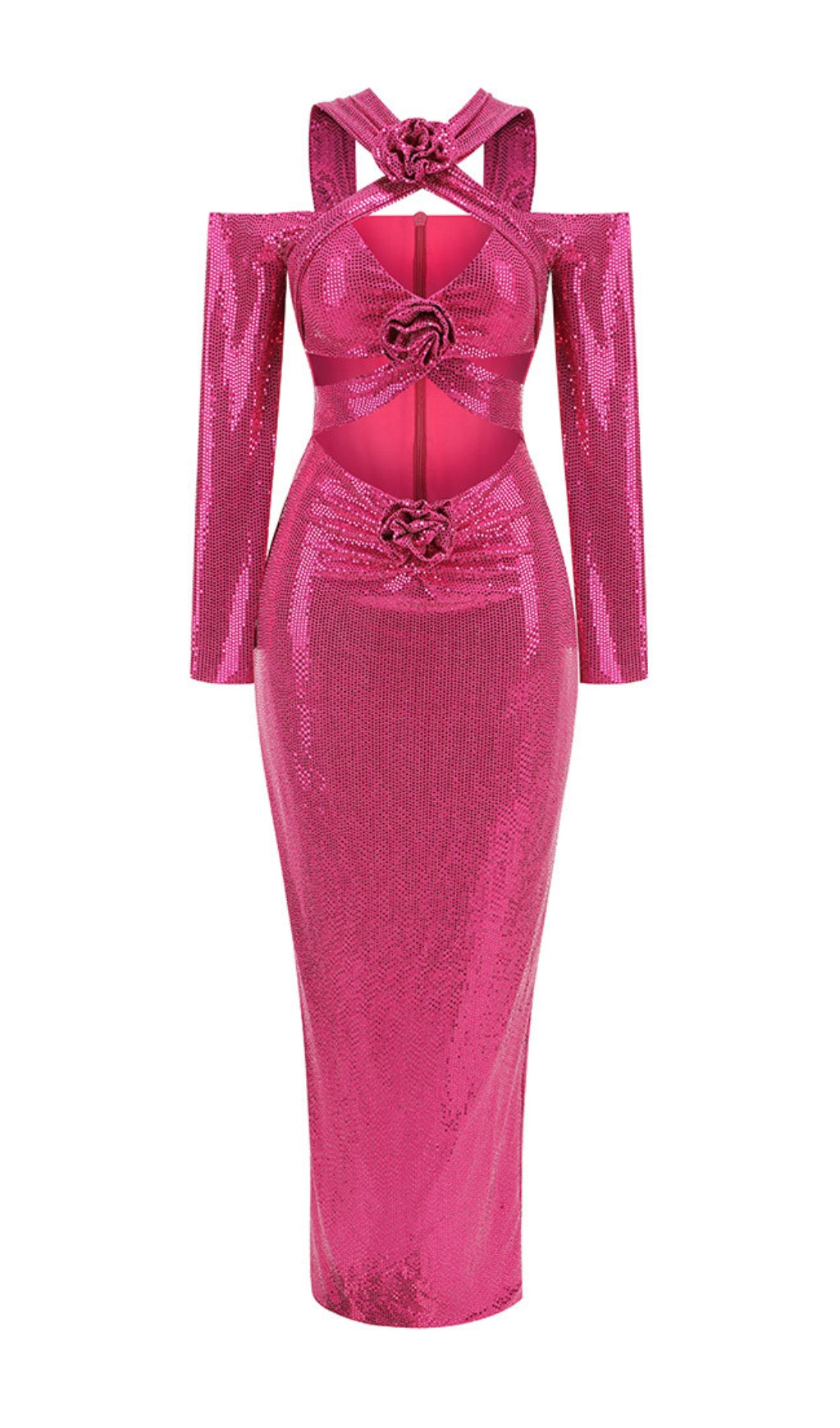 Benigno Show-Stopping Fuchsia Sequin Halter Cutout Maxi Dress
