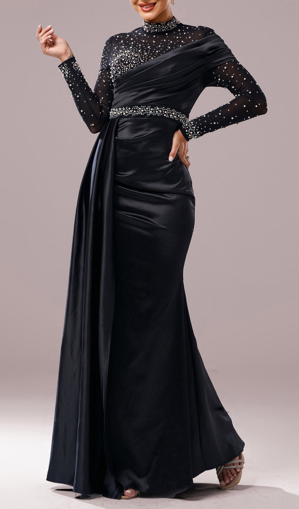 Dell Black Pearl Embellished Long Sleeve Maxi Dress