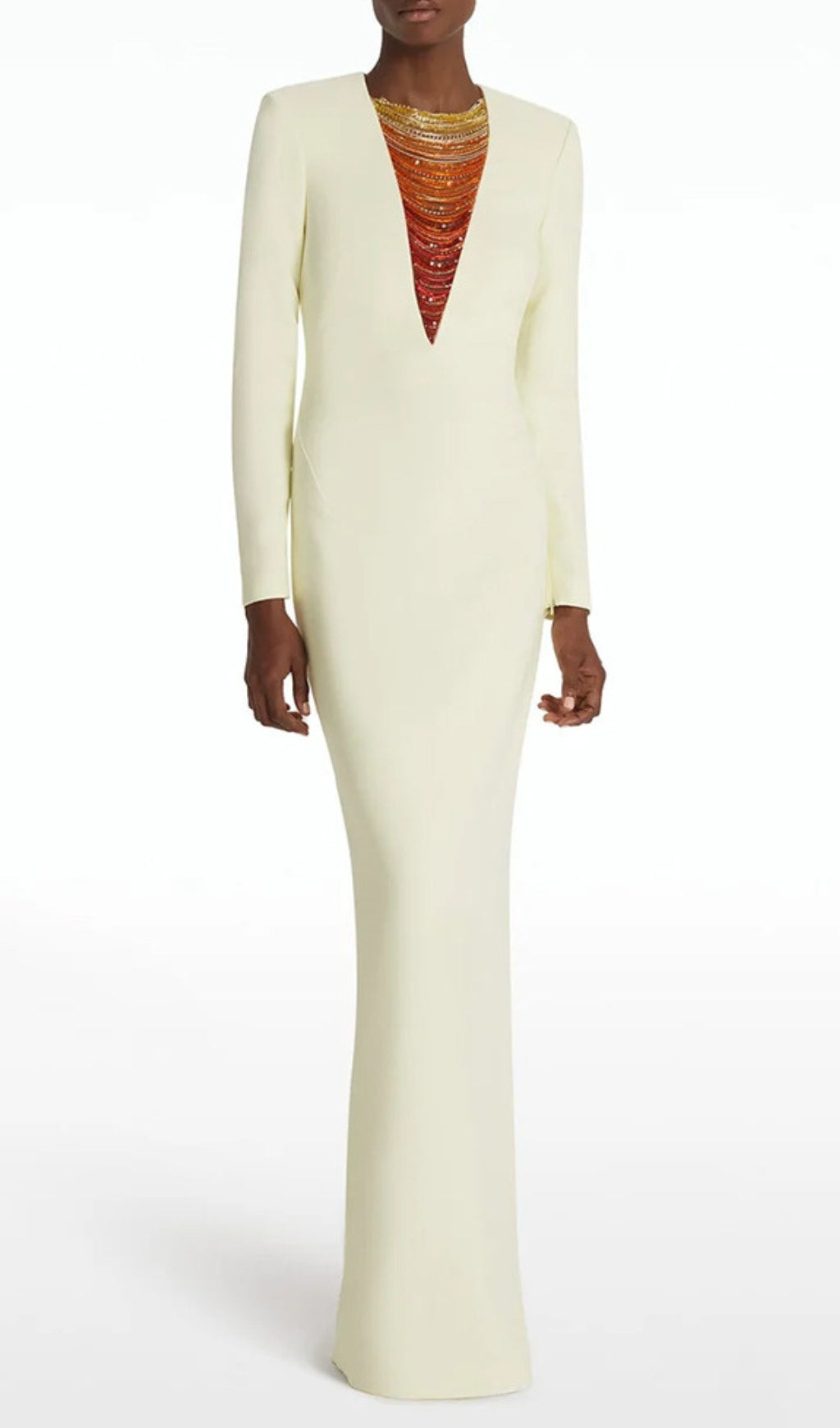 Eusebia Ivory Beaded Plunge Neck Long Sleeve Maxi Dress