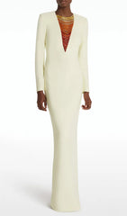 Eusebia Ivory Beaded Plunge Neck Long Sleeve Maxi Dress