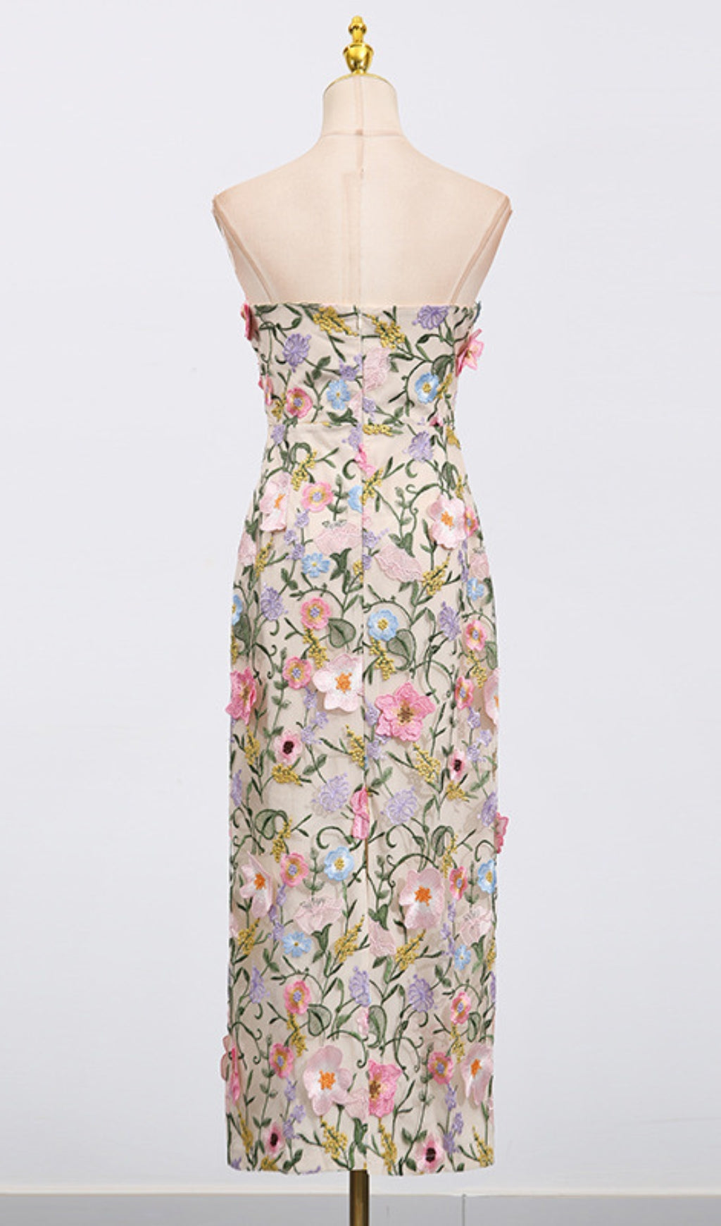 Eiichi Strapless 3D Floral Applique Midi Dress