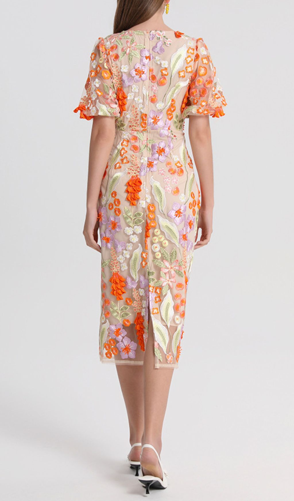 FUJIYE Elegant Floral Embroidery V-Neck Midi Dress