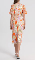FUJIYE Elegant Floral Embroidery V-Neck Midi Dress