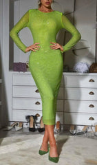 Dazzling Neon Green Crystal Bodycon Midi Dress
