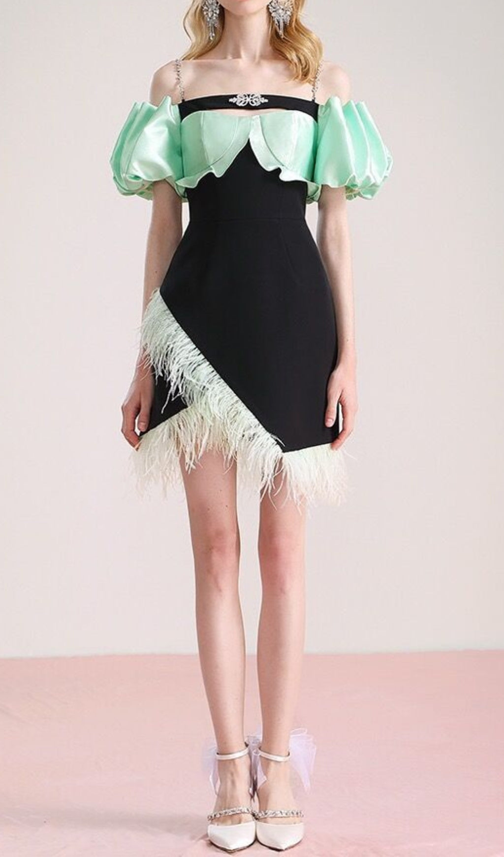 Cielo Chic Black & Mint Off-Shoulder Feather Mini Dress