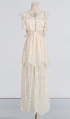 Elegant Tiered Lace Maxi Dress with Diamant Bow & Ruffled Sleeves