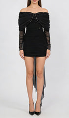 Jethro Black Off-Shoulder Mini Dress with Dramatic Bow & Sheer Train