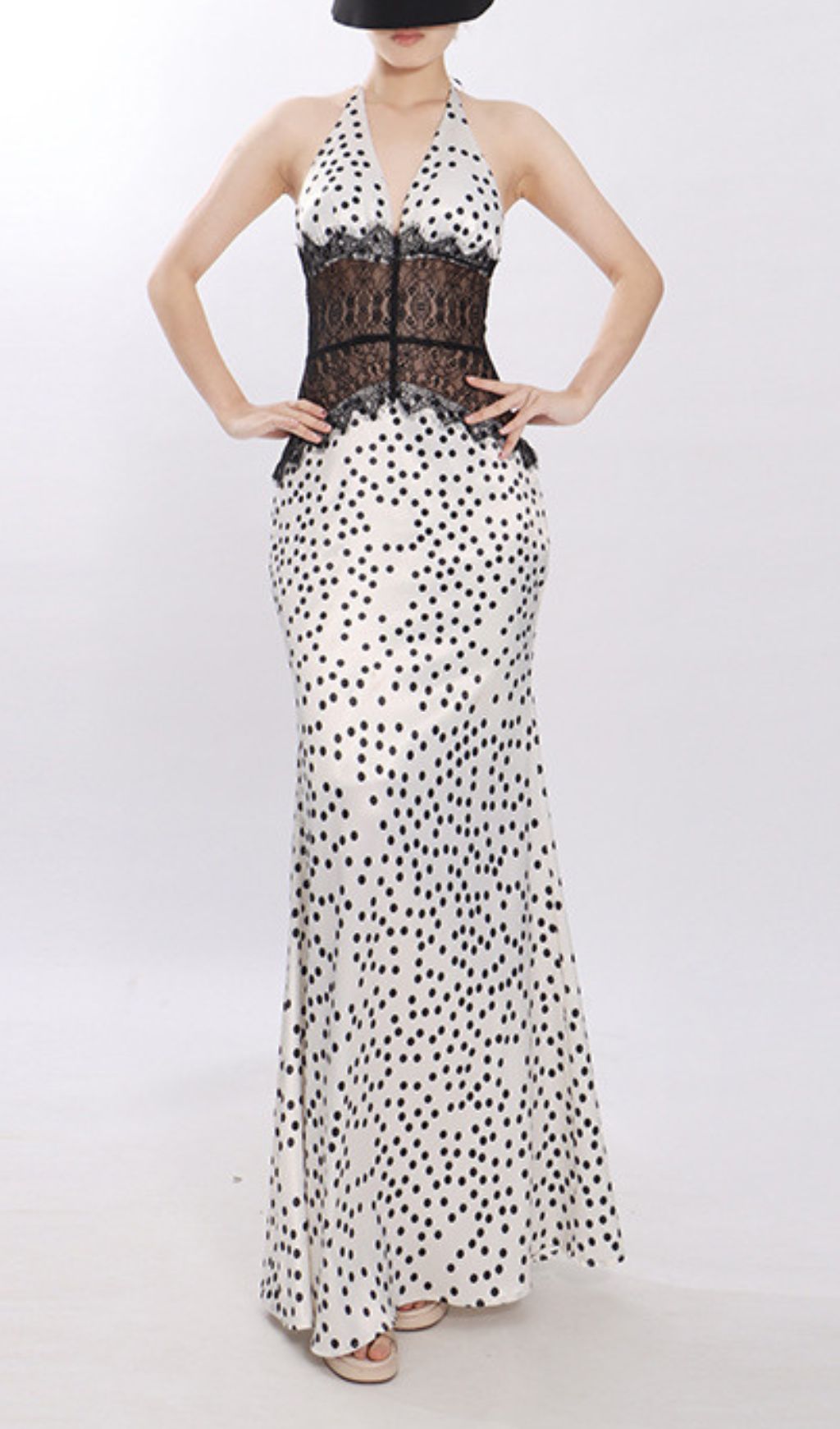 Jezziel Chic Polka Dot & Lace Halter Maxi Dress