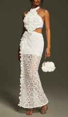 Festus White Ruffled Lace Halterneck Cutout Maxi Dress