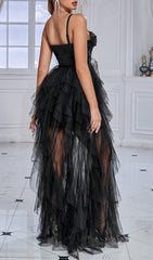 Curie Black Butterfly Sequin Mesh High-Low Maxi Dress