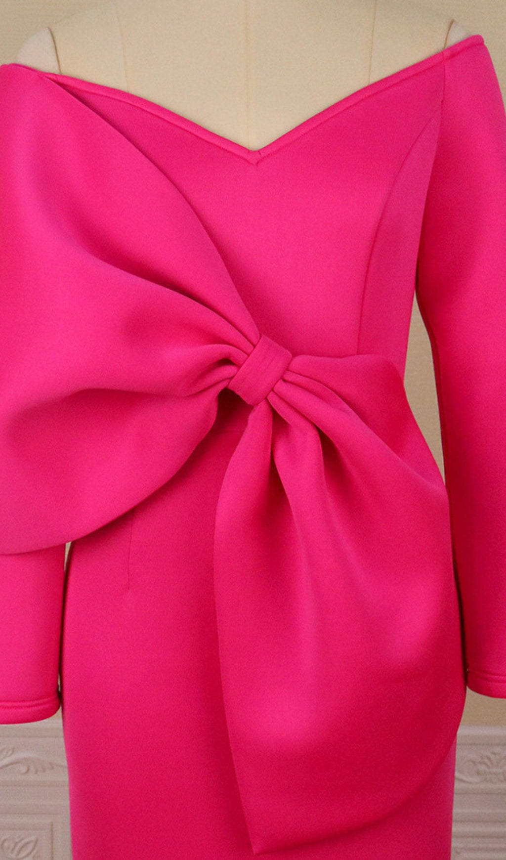 Chic Fuchsia Off-Shoulder Bow Midi Dress