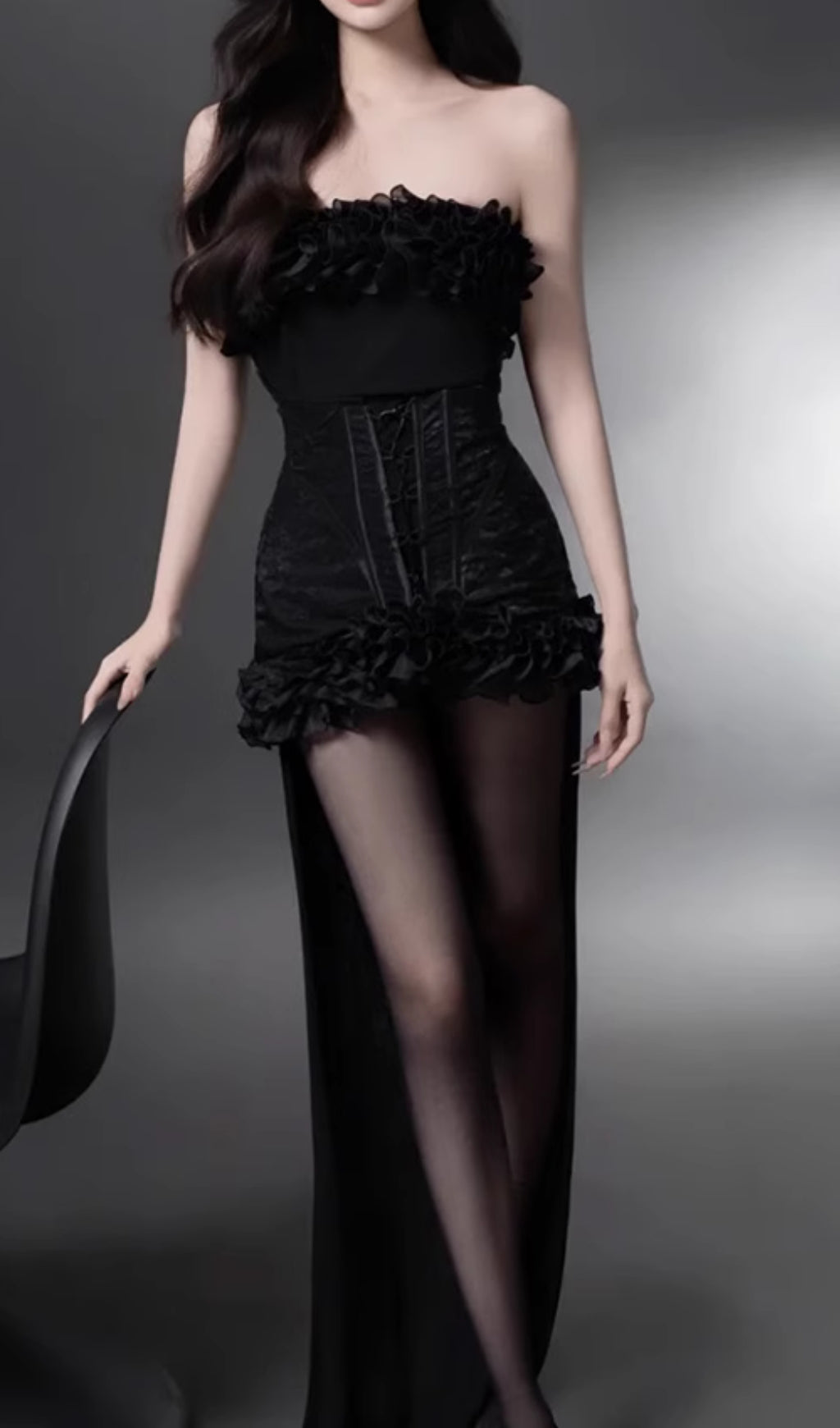 Eithne Black Strapless Corset Ruffle High-Low Evening Dress