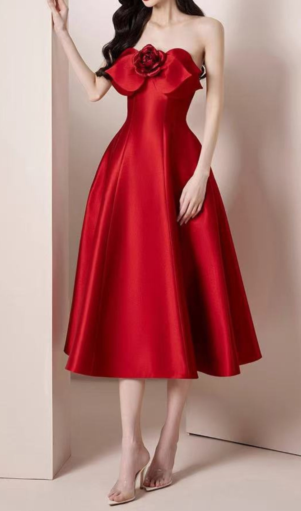 The Scarlet Bloom Strapless Midi Dress