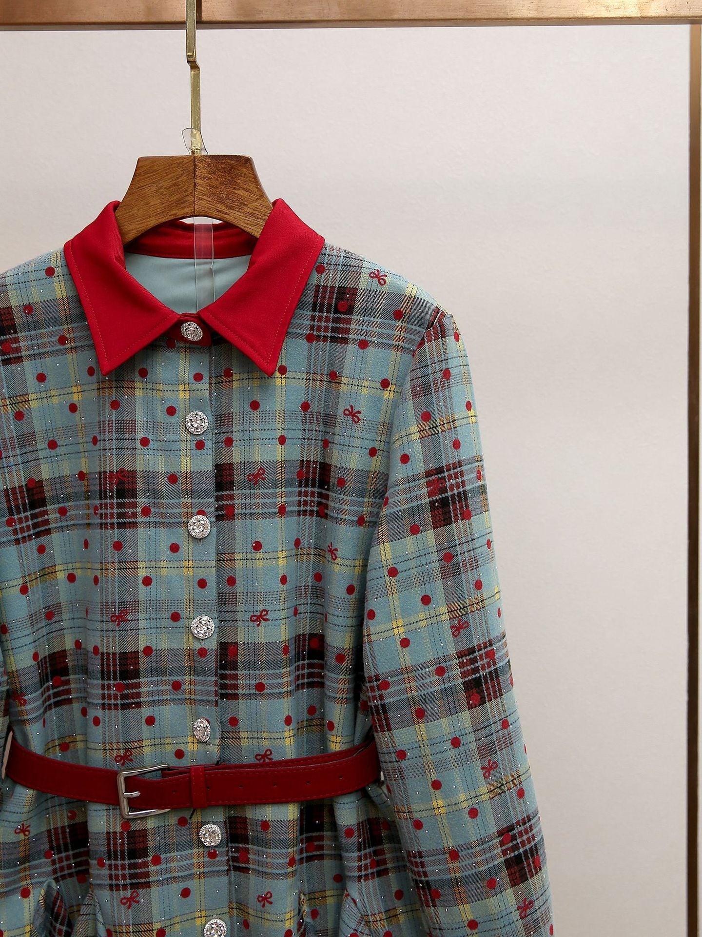 Humla Plaid Bow Mini Dress with Red Collar & Belt