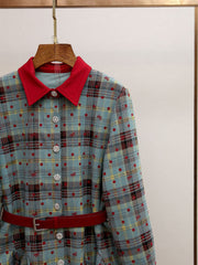 Humla Plaid Bow Mini Dress with Red Collar & Belt