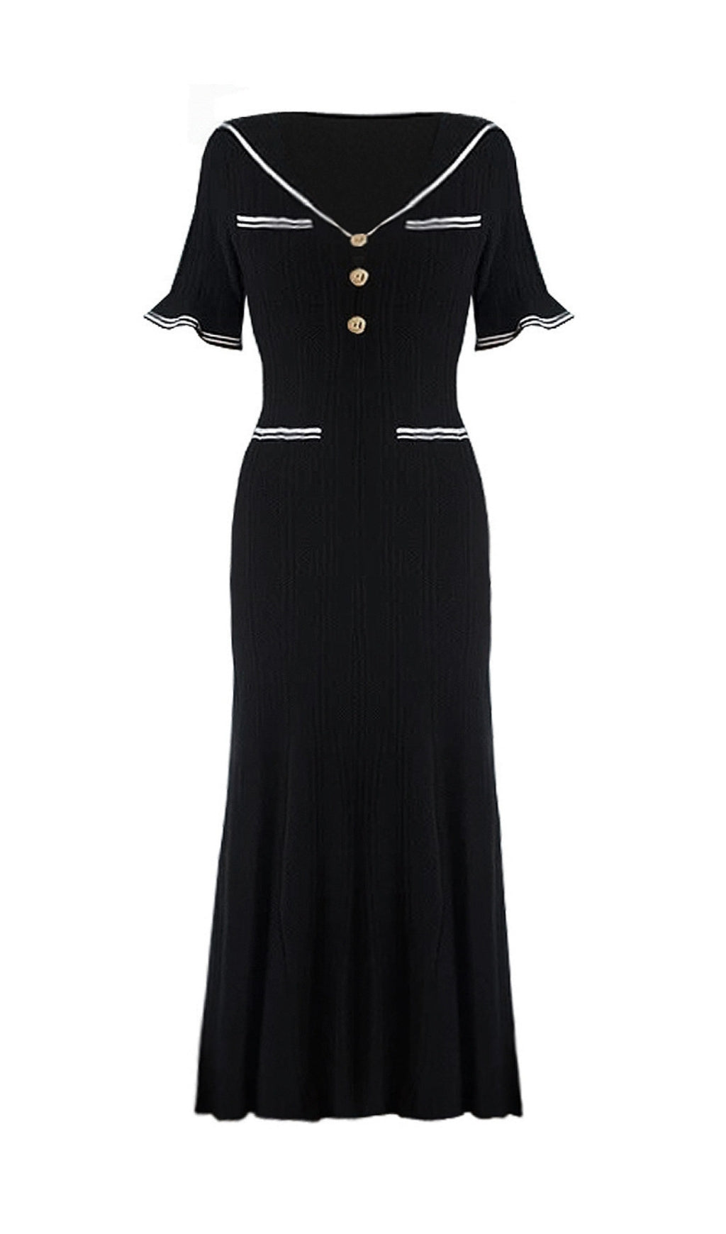 Enrica Black Sailor Collar Knit Midi Dress