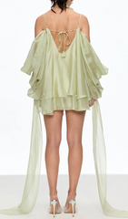 Galini Sage Green Flowy Ruffle Mini Dress with Floral Choker