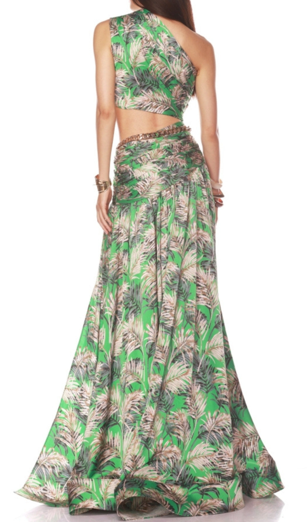 Evelien Green Tropical Print One-Shoulder Crop Top & Skirt Set
