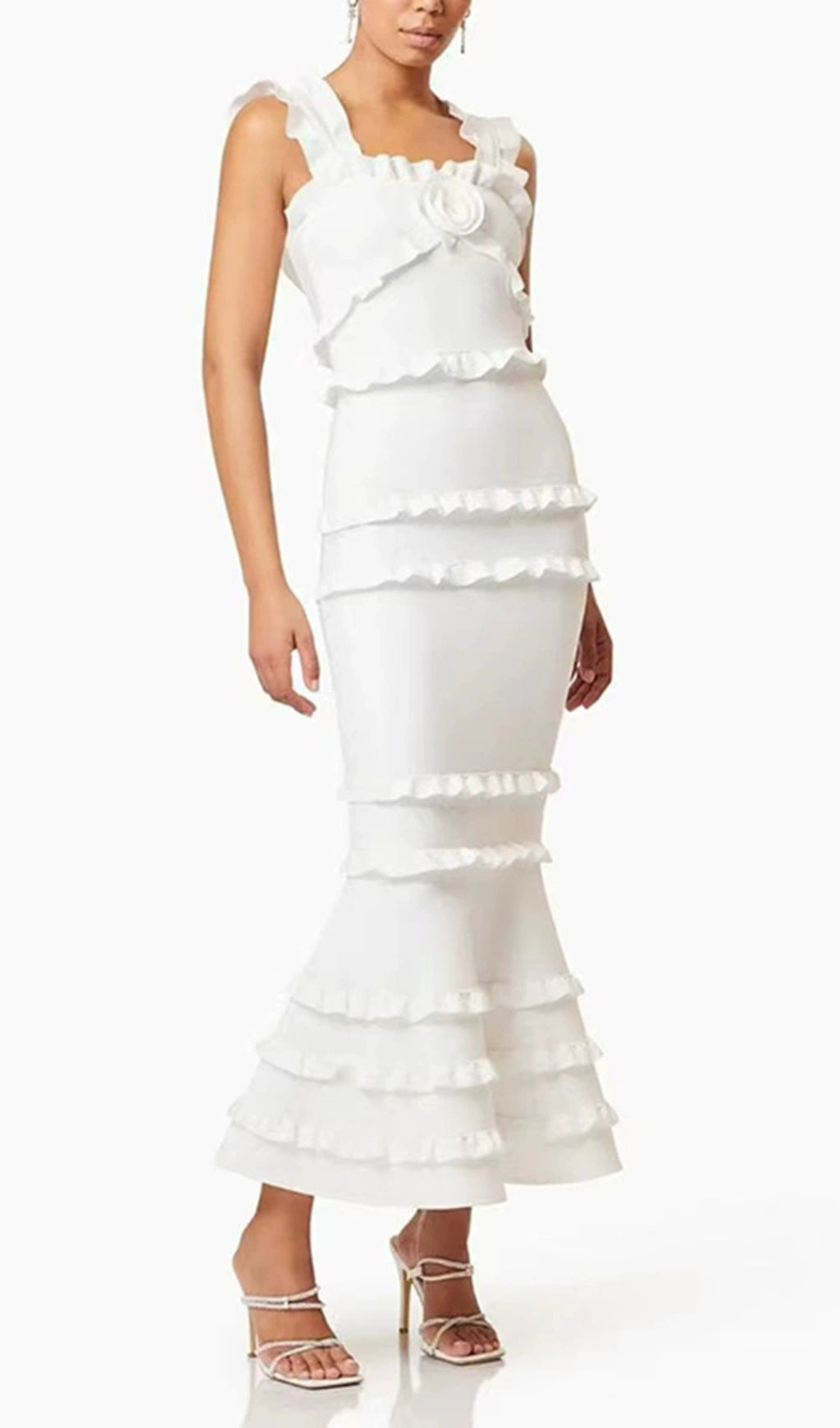 Duana Chic White Floral Ruffle Tiered Midi Dress