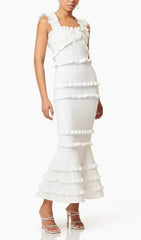Duana Chic White Floral Ruffle Tiered Midi Dress