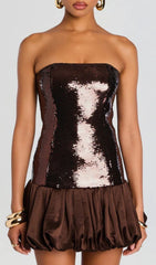Irn Dazzling Bronze Sequin Strapless Bubble Mini Dress