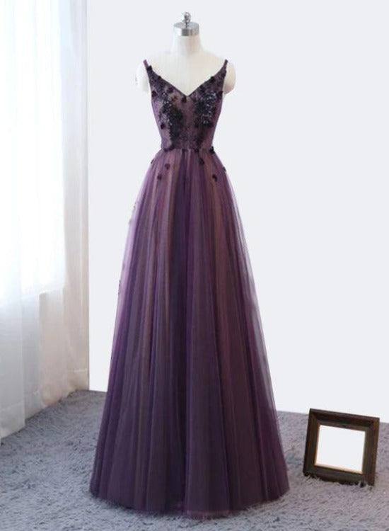 Purple V-neckline Tulle Lace Applique Party Dress