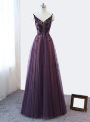 Purple V-neckline Tulle Lace Applique Party Dress
