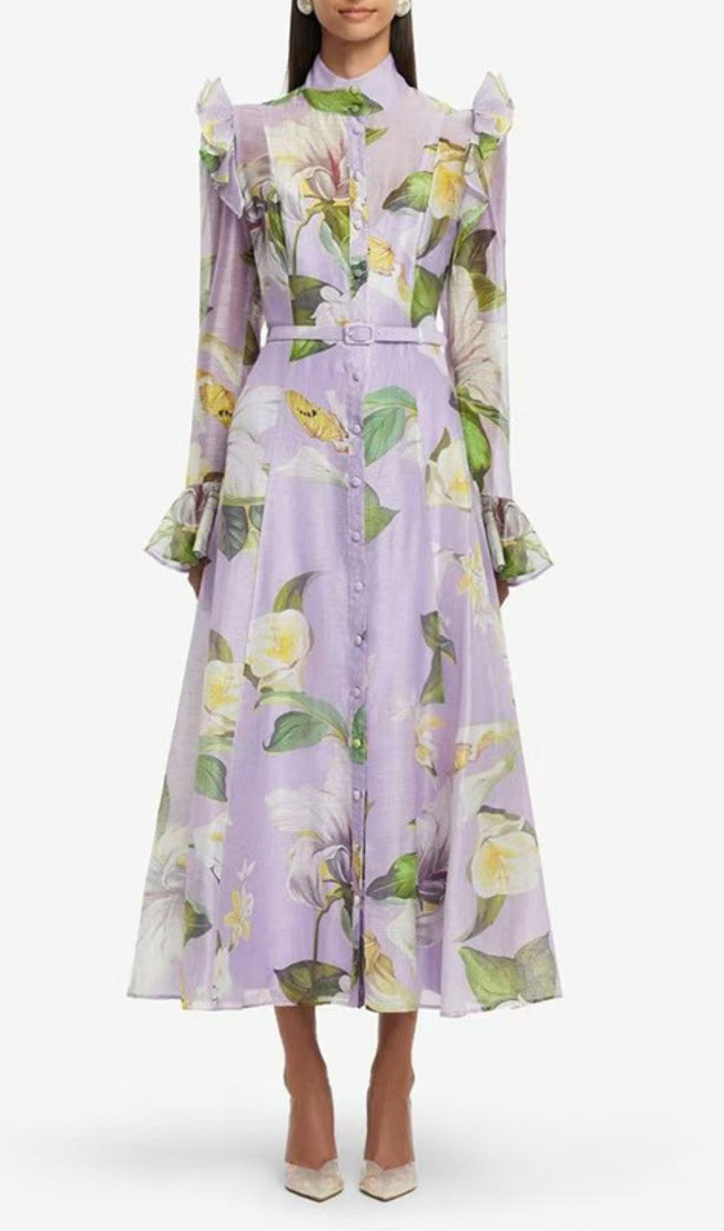 Isolda Lavender Floral Ruffled Midi Dress