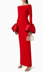 Chelsi Red Off-Shoulder Glamour Maxi Gown with Voluminous Statement Sleeves