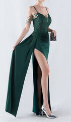 Elegant Emerald Green Beaded Corset Maxi Gown with High Slit