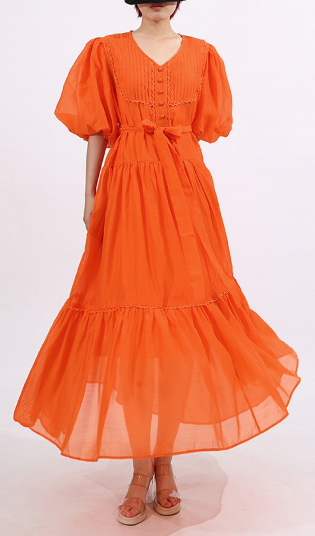 Fausto Vibrant Orange Puff Sleeve Tiered Maxi Dress