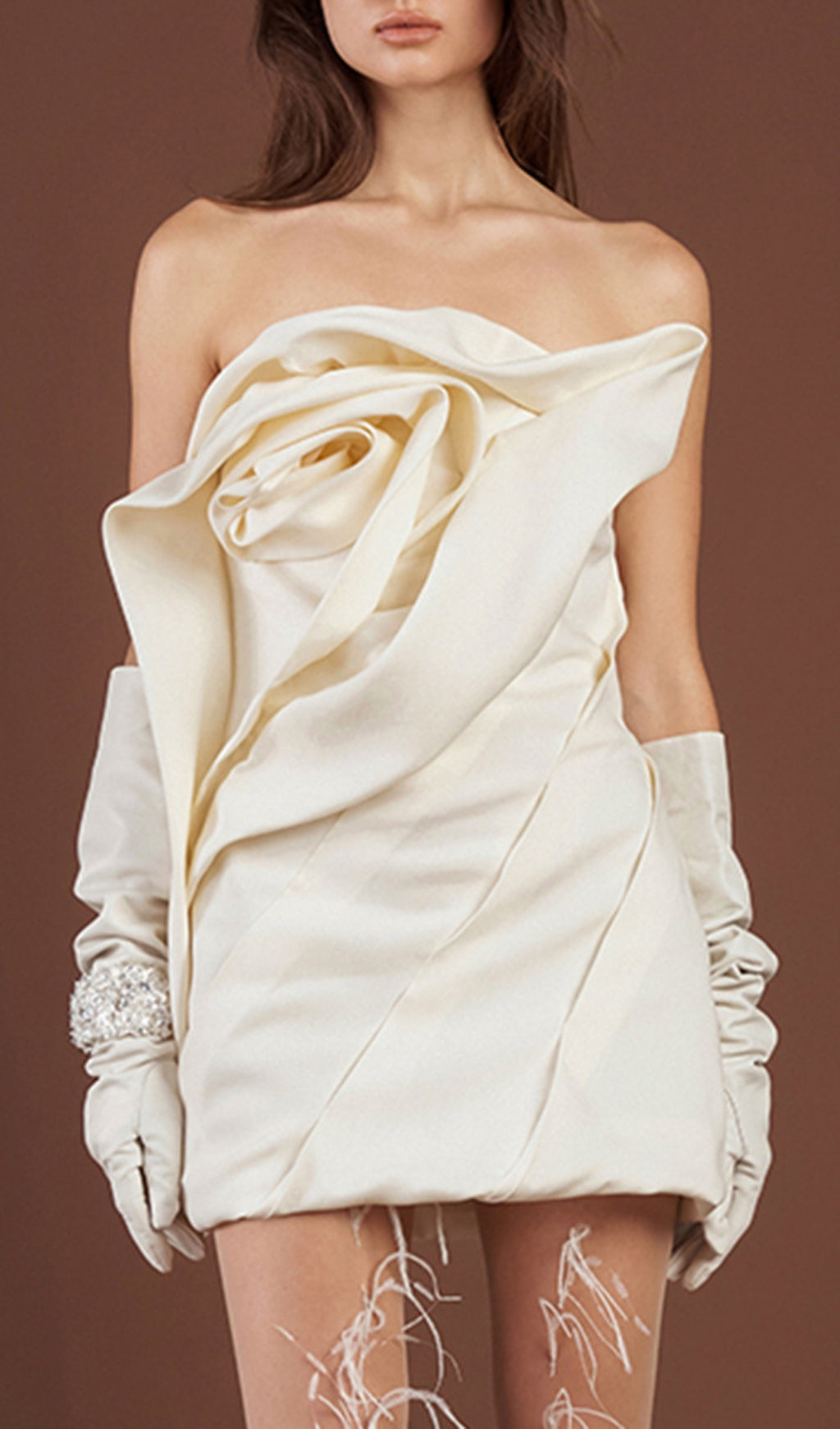 Calissa Sculptural Rose Strapless Mini Dress