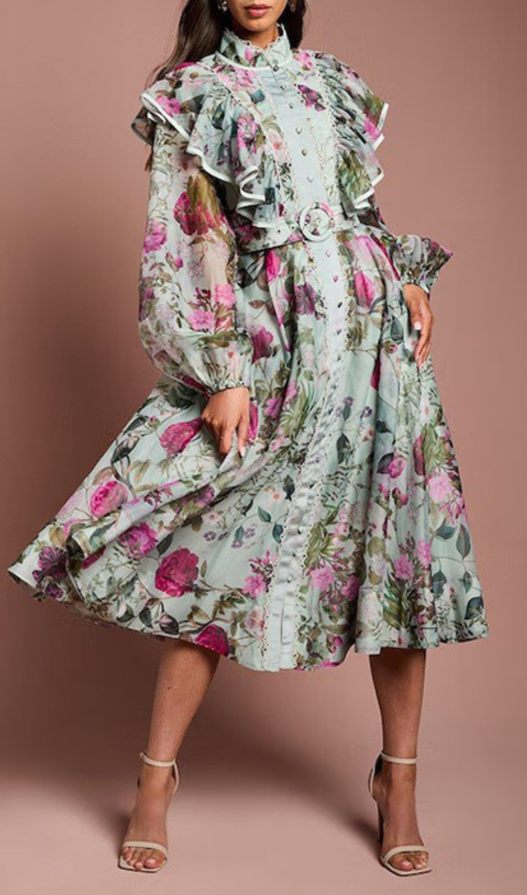 Romantic Floral Ruffle Midi Dress