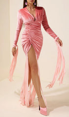 Jasmine Pink Velvet Ruched Maxi Gown